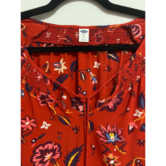 Old Navy Red Floral Peasant Top Plus Size 2X 28” Pit to Pit Tassel Tie Boho - Picture 3 of 11